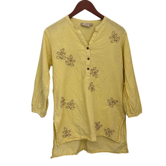 Utsa Embroidered Cotton Tunic Sz L Indie Ethnic Lagenlook Butter Yellow - Picture 1 of 7